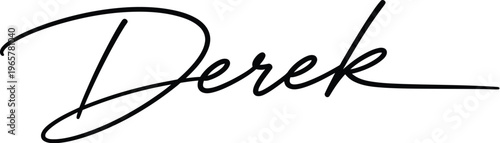 A signature with the name Derek written in black cursive font on a white background