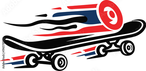 A stylized illustration of a skateboard with a red and blue logo on a white background