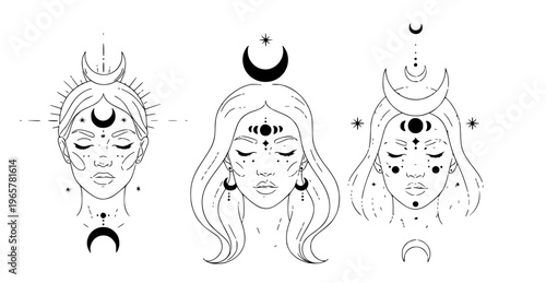 Celestial Woman Collection Mystical Line Art Illustrations of Cosmic Feminine Energy with Moon and Stars