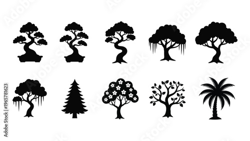 A collection of diverse bonsai tree and foliage shapes presented in stark black silhouettes high quality professional detailed modern
