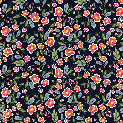 A dark blue background is covered with a delicate floral pattern of small flowers

