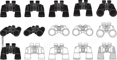 Binoculars Vector Set Featuring Various Styles of Field Glasses Silhouettes Line Art and Detailed Technical Sketches Isolated on White Background for Outdoor Adventure