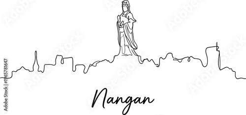 Nangan Taiwan skyline featuring Mazu statue in minimalist continuous line art vector illustration