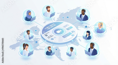 Global Remote Team Meeting Concept, Diverse Professionals Working From Anywhere Connected to Virtual Hub, International Business Collaboration Illustration