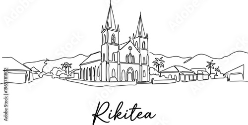 Rikitea skyline with Cathedral of Saint Michael continuous line art vector illustration