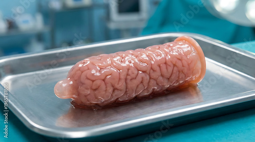 Surgeon prepares brain for surgery on metal tray in hospital
