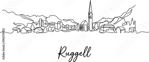 Ruggell Liechtenstein skyline with mountains and church continuous line drawing vector
