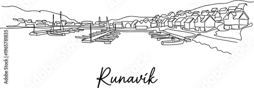Runavik harbor village continuous line art illustration isolated on white background