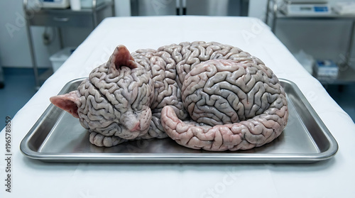 A cat with a brain-like appearance sleeps on a metal tray in a laboratory.