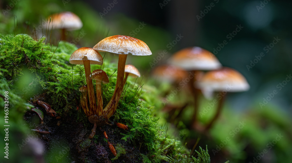Fototapeta premium A cluster of small brown mushrooms emerges from verdant green moss