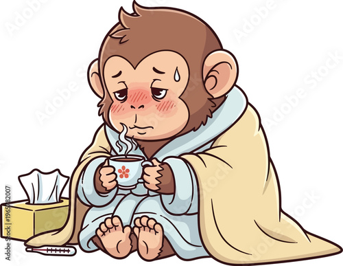 A cartoon monkey feeling unwell, wrapped in a blanket and holding a cup of tea next to a tissue box.