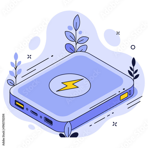 Blue power bank illustration with lightning symbol and decorative leaves