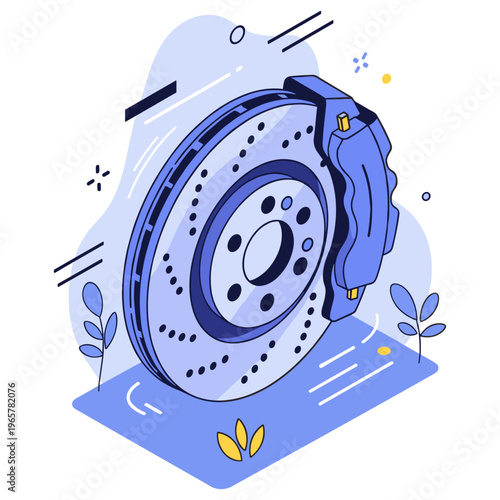 Stylized illustration of a blue automotive brake disc with caliper