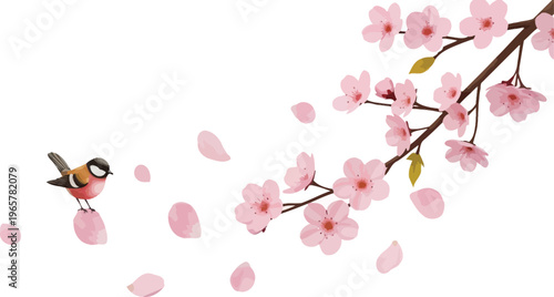 A small bird perches on a pink flower petal amidst falling blossoms from a cherry tree branch