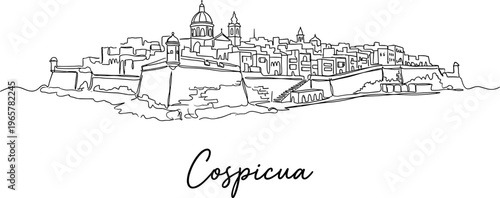 Cospicua Malta city skyline and fortifications continuous line art vector illustration