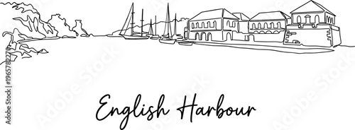 English Harbour Antigua coastal landscape with sailboats and historic buildings vector illustration