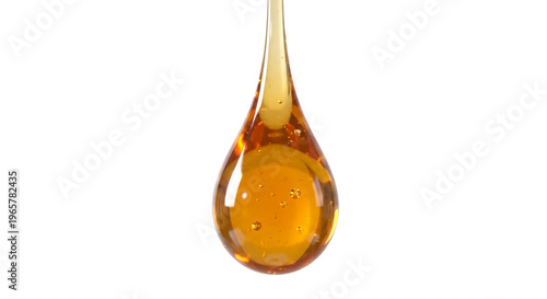 Viscous golden liquid drop with internal bubbles suspended in air isolated on transparent background
