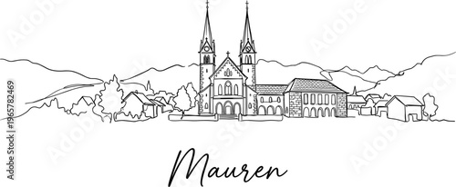 Mauren Liechtenstein village skyline with church and mountains minimalist line art vector