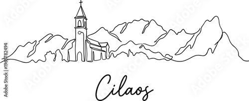 Minimalist Cilaos skyline with church and mountains line art vector illustration