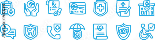 A collection of blue medical icons on a white background for healthcare and wellness concepts