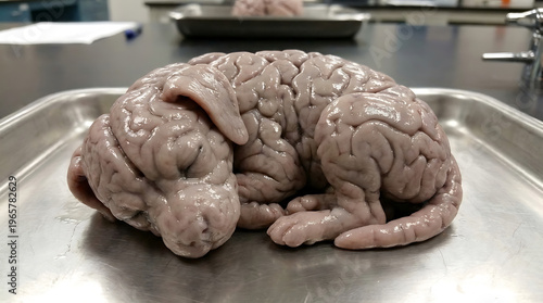 Brain specimen resembling a curled animal on a stainless steel tray in a lab