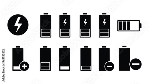 A collection of black battery icons depicting varying charge levels including full empty and charging indicators silhouette high quality