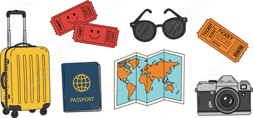 Travel Essentials Illustration Set with Suitcase Passport Map Camera Sunglasses and Tickets for Vacation Tourism Journey and Holiday Planning Design