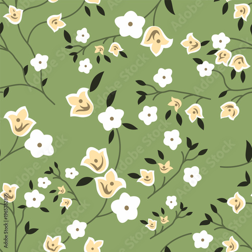 A dark blue background is covered with a delicate floral pattern of small flowers
