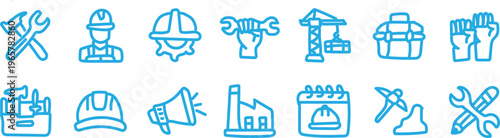 A collection of blue construction icons on a white background