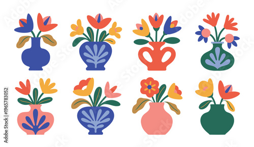 hand drawn floral vase icons pack, abstract naive flowers in pots and jugs, simple botanical illustration set, minimal decorative plant elements, modern artistic vector design.
