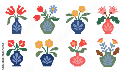 Εκτύπωση καμβά abstract naive floral vase vector set, simple hand drawn flowers in pots and jugs illustration, minimal botanical doodle style, decorative home garden elements, modern clean vector design collection