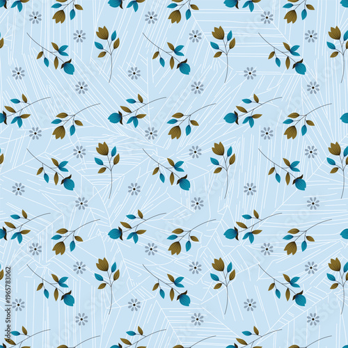 A dark blue background is covered with a delicate floral pattern of small flowers
