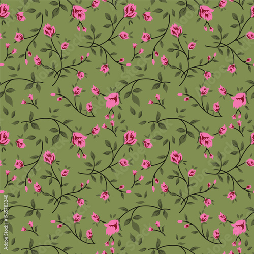 A dark blue background is covered with a delicate floral pattern of small flowers
