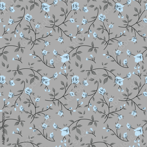 A dark blue background is covered with a delicate floral pattern of small flowers
