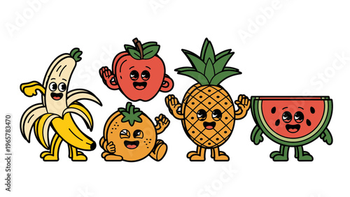 Cute Funny Fruit Characters Icon Set Smiling Apple, Banana, Strawberry and Friends