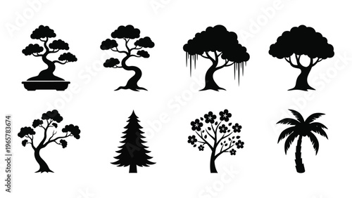 A collection of various tree types presented as stark black shapes against a white background silhouette high quality professional
