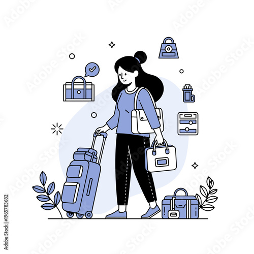 Young asian female traveler with luggage and travel icons