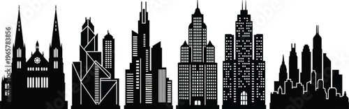 Collection of six modern skyscraper silhouettes, black vector icons of urban architectural landmarks isolated on white.