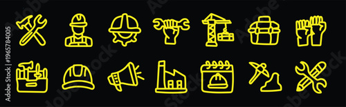 A collection of yellow construction icons on a black background