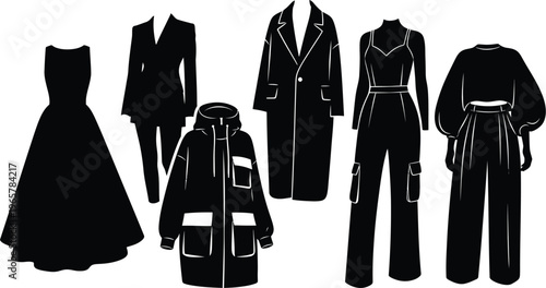 Collection of six modern women's fashion silhouettes, black vector icons of dresses, suits, and outerwear for apparel design isolated on white.