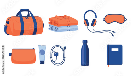 Travel essentials: bag, clothing, headphones, eye mask, and accessories