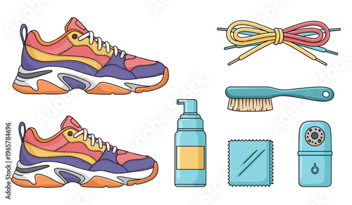 Colorful sneakers with cleaning kit and accessories on white background