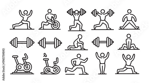 Fitness Icons People Exercising Vector, Gym Workout Line Art Set with Dumbbells and Wellness Equipment for Health and Sport Lifestyle