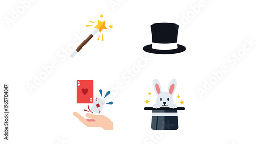 A collection of iconic magic trick symbols and props
