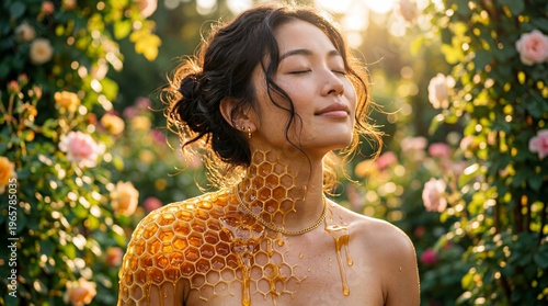 Naklejka はちみつ溢れる蜂の巣と融合した日本人女性。太陽光が降り注ぐ植物園で、自然の恵みと健康美を表現した前衛的なアート写真