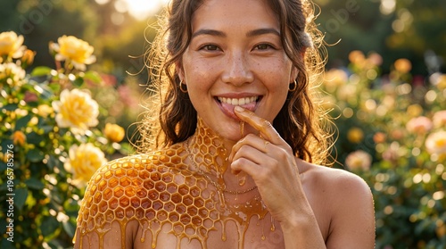 Naklejka はちみつ溢れる蜂の巣と融合した日本人女性。太陽光が降り注ぐ植物園で、自然の恵みと健康美を表現した前衛的なアート写真