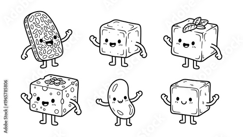 Set of cute kawaii tofu tempeh and bean characters vector illustration for vegan food branding and coloring book