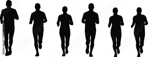 Collection of six runners in motion silhouettes, black vector icons of men and women jogging and sprinting towards front isolated on white.