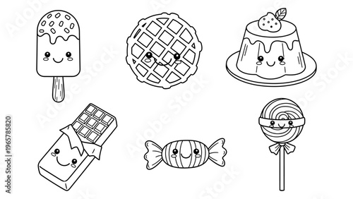 Tableau sur toile Kawaii dessert vector illustration set of cute smiling sweets for kids coloring