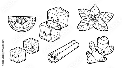 Kawaii food and drink ingredients vector line art illustration set for coloring book or menu design